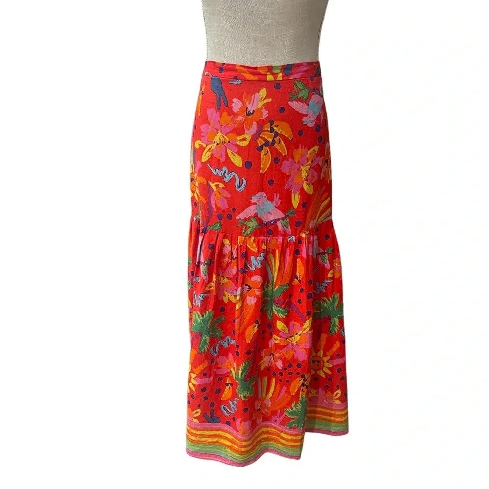 Maison d'Amelie Tropical Red Linen Blend Boho Peasant Tiered Maxi Skirt Size M